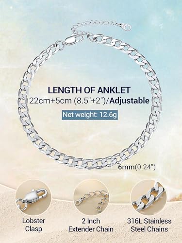 PROSTEEL Ankle Bracelets for Women, Silver/Gold/Black, Waterproof Anklets | Waterproof, Stainless Steel, Summer Beach Jewelry, Durable & No Tarnish, Come with Gift Box, 8-10.5" Adjustable, Plus Size - color: C: silver-cuban chain-6mm