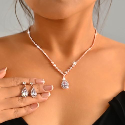 JAKAWIN Silver Rhinestone Jewelry Set Wedding Necklace Earrings for Women - color: C Rose Gold