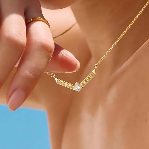 Fettero Dainty 14K Gold Plated Cubic Zirconia Necklaces for Women, Simple Bar Pendant Necklace, Mix-color Rainbow Jewelry Gold Necklace for Women Trendy Gifts - style: V Bar