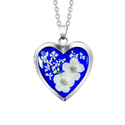 Handmade Heart Shaped Dried Pressed Forget Me Not Flower Photo Locket Pendant Necklace - color: Silver, style: WHITE+ROYAL BLUE