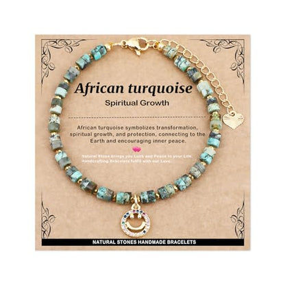 Natural Gemstone Healing Crystal Dainty Charms Bracelet Adjustable Chain Extender Minimalist Jewelry - color: African Turquoise + Happy face