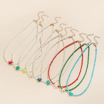 Seed Bead Choker Necklace for Women Bohemian Tiny Beads Choker Colorful Rice Bead Starfish Choker Summer Surfer Beach Necklace Jewelry Gift - color: G-Blue Starfish