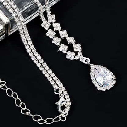 CIEHER Silver 2/3 Pieces Women Jewelry Set - Drop Necklace + Crystal Teardrop Dangle Earring Clips, Crystal Clip On Earrings Silver Non Pierced - style: Formal