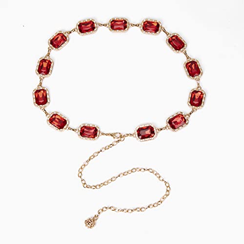 ILuvatar Green Glass Diamond Chain Belt - Metal Women's Western Style Dress Belt - color: Gold-s-red