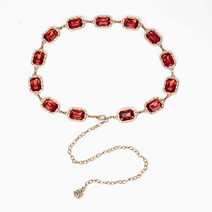 ILuvatar Green Glass Diamond Chain Belt - Metal Women's Western Style Dress Belt - color: Gold-s-red