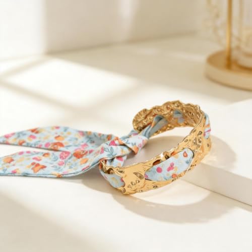 Gold Cuff Bracelets for Women, Boho Western Scarf Bracelet with Ribbon Bow, Adjustable Open Bangle Hair Tie Bracelet, Blue Paisley Bandana Wrist Cuff, Stainless Steel Vacation Festival Jewelry - color: a4:pink