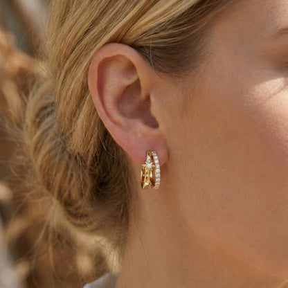 14K Gold Double Hoop Earrings 20mm Split Huggies North Star Earrings Celestial Jewelry Gift for Women