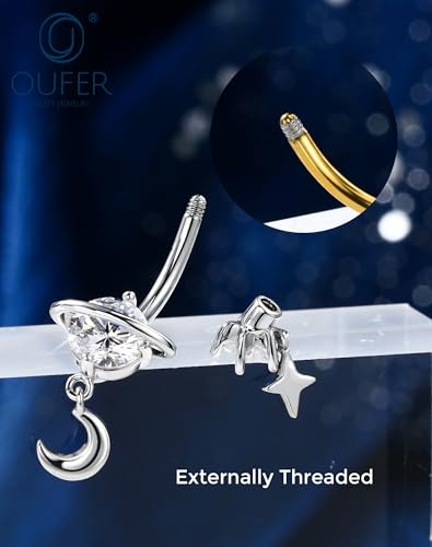 OUFER 14G Star Moon Planet Silver Gold Dangle Belly Button Rings 316L Surgical Stainless Steel CZ Belly Piercing Jewelry 10mm Navel Rings for Women - color: Silver