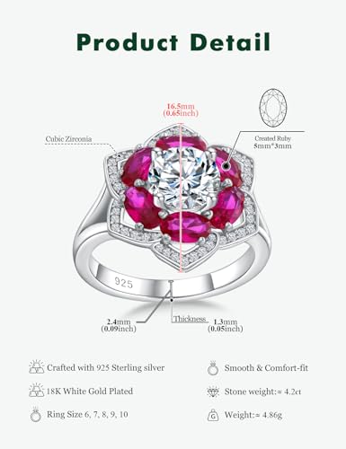 Flower Engagement Promise Ring Sterling Silver Birthstone Rings for Women Sapphire/Emerald/Ruby Gemstone Six Leaf Clover Statement Cocktail Ring Size 6 to 10 - style: 07. July-Created Ruby