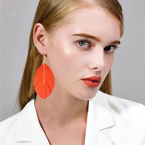 YUNXI Large Genuine Soft Leather Handmade Fringe Feather Lightweight Leaf with Simple Drop Metal Bar Tear Drop Dangle Color Earrings for Women - color: Orange