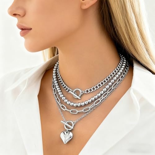 Chunky Layered Necklaces for Women, Stackable Paperclip Chain Necklace Set with Coin & Heart Pendants, Trendy Statement Jewelry for Everyday Wear and Gift Giving - color: Silver