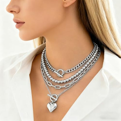 Chunky Layered Necklaces for Women, Stackable Paperclip Chain Necklace Set with Coin & Heart Pendants, Trendy Statement Jewelry for Everyday Wear and Gift Giving - color: Silver