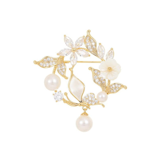 14K Gold Floral Wreath Brooch with Lustrous Pearls, Crystal-Embedded Vine Design, Premium Jewelry Accessory for Coats & Special Outfits, Elegant Gift for Women - color: Style 4,white, pearl pendant