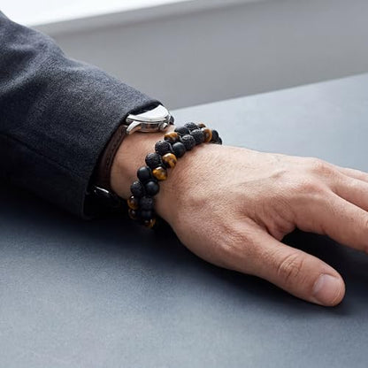Triple Protection Bracelet & Healing Crystals Tiger Eye Beads Bracelet for Men Women, Natural Stone Bracelets for Men - style: Tigers Eye Black Obsidian Lava Style - A