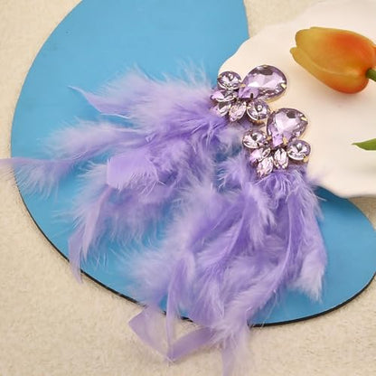 Long Feather Earrings for Women Bohemian Crystal Zirconia Dangle Feather Earrings Crystal Tassel Feather Earrings Wedding Halloween Prom Jewelry - color: Purple