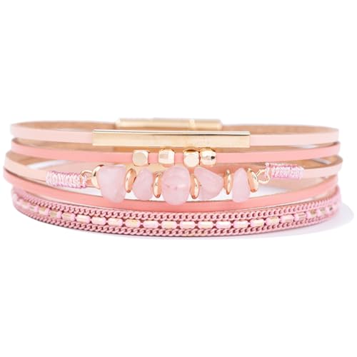 Boho Gemstone Beaded Leather Wrap Bracelets Stackable Chunky Cuff Bracelet Western Jewelry Cowboy Chic Country Concert Outfits for Women - color: Pink