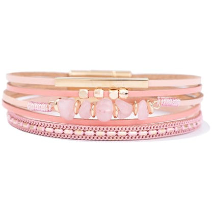 Boho Gemstone Beaded Leather Wrap Bracelets Stackable Chunky Cuff Bracelet Western Jewelry Cowboy Chic Country Concert Outfits for Women - color: Pink