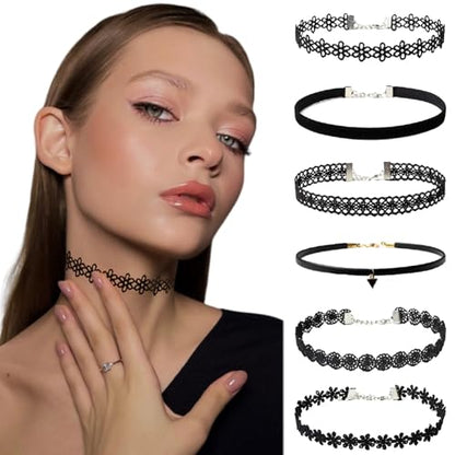 AUOCATTAIL 6 Pcs Gothic Necklaces Flower Lace Choker Classic Flower Collarbone Necklace Adjustable For Women Party Cosplay