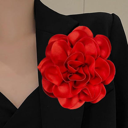 Dainty Satin Fabric Rose Flower Brooches 7.5in Extra Large Big Camellia Flower Brooches Lapel Pins for Women Wedding Party Dance Dress Clothes Accessories - color: Red
