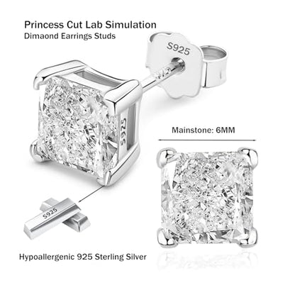 925 Sterling Silver 2-4 Carat Lab Simulation-Diamond Stud Earrings 5A Cubic Zirconia Stud Earrings Hypoallergenic White Gold Plated, Perfect Jewelry Gifts - style: Princess Cut 6MM
