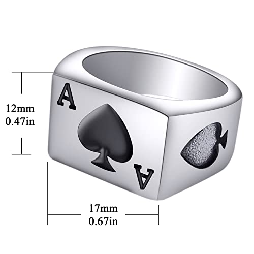Men's Stainless Steel Square Biker Signet Ring, Black Silver Gold Styles | plain flat top, polished and brushed finish options, chunky profile, pinky or thumb styling, gift-ready for dad or him - color: Spade Ace