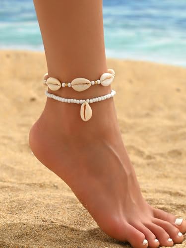 INENIMARTJ Puka Shell Anklets Bracelet for Women Colorful Shell Beaded Anklet Summer Ocean Hawaiian Beach Foot Jewelry Mermaid Seashell Anklets Jewelry for Women - color: white