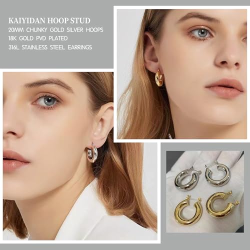 2 Pairs Gold/Silver Hoop Earrings For Women Set Trendy,14K Plated Gold Chunky Huggie Hoop Earings Pack,Oval Twisted Statement Silver Hoops,Fashion Jewelry Gift - color: 14) 20mm chunky hoop