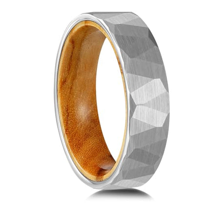 2/4/6/8mm Black/silver/gold Tungsten Rings for Men Womens Couple Fashion Jewelry Promise Engagement Wedding Band Hammered Inner ring inlaid with olive wood Carbide Polished Edge Comfort Fit - color: 6MM olive wood silver
