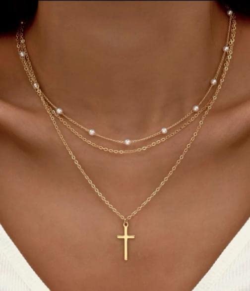ASCOMY Layered Necklaces for Women Dainty Gold Necklace 14K Gold Plated Herringbone Necklace for Women Pearl Cross Necklace Paperclip Cuban Figaro Rope Satellite Chain Gold Choker Trendy Jewelry Gift - style: 3Layered O Chain Pearl Cross-GD