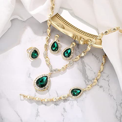 Womens Africa 18k Gold Plated Jewelry Set Crystal Rhinestones Petals Teardrop Cluster Bib Statement Necklace Link Bracelet Dangle Earrings Ring for Prom - color: 02-Emerald Color Gold-Plated-Base