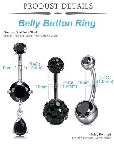 QWALIT Belly Button Rings 14G Surgical Steel Belly Rings CZ Opal Navel Piercing Jewelry for Women Girls 3/8" 10mm Silver Rose Gold - color: E4- mix 3pcs- black
