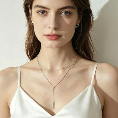 EPIRORA Layered Necklaces for Women, 16” & 20“ Double-Layer Lariat Necklace | 14k Gold/Silver Plated Long Necklaces for Women Trendy Layered Bar Pendant Drop Necklace Lariat Y Necklace Prom Jewelry Gifts - color: Silver