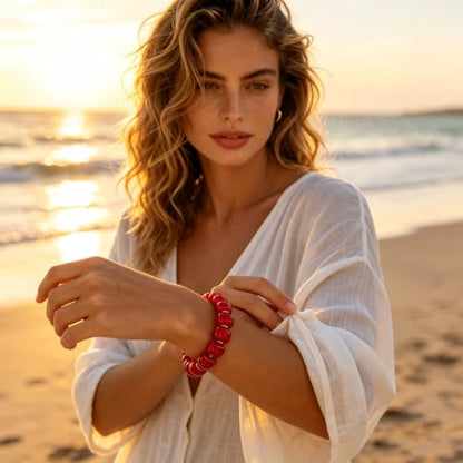 Bead Bracelet for Women Vibrant Color Resin Beads Bracelets Elastic Stretch Chunky Bracelet Boho Summer Beach Vacation Jewelry - color: Red