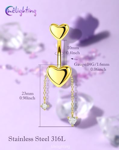 Melighting 14G Gold Belly Button Ring Dangle Chain, 10 mm Stainless Steel Belly Piercing Jewelry with CZ Heart Star Design, Cute Silver Navel Ring for Beach Daily Wear Women - color: Gold Heart