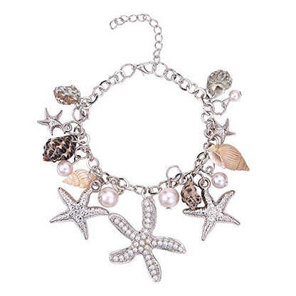 PH PandaHall Starfish Shell Anklet Bracelets, 7" Mermaid Bracelets Conch Starfish Pearl Anklet Bracelet Charm Bohemian Adjustable Shell Bracelet Mermaid Costume Jewelry for Women Christmas, Silver - color: Silver Bracelet