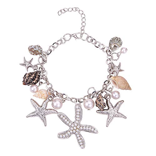 PH PandaHall Starfish Shell Anklet Bracelets, 7" Mermaid Bracelets Conch Starfish Pearl Anklet Bracelet Charm Bohemian Adjustable Shell Bracelet Mermaid Costume Jewelry for Women Christmas, Silver - color: Silver Bracelet