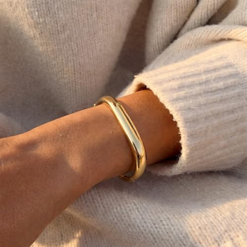 18K Gold Plated Stainless Steel Minimalist Bangle for Women, Elegant Antique Square Buckle Cuff Bracelet, Waterproof and Non-Tarnish Geometric Statement Bangle Jewelry