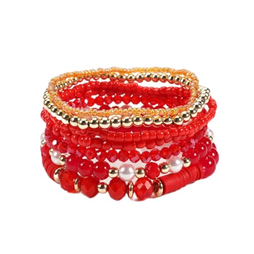 7Pcs Bohemia Multilayer Stackable Crystal Beaded Bracelet Set Multicolor Surfer Heishi Clay Gold Beaded Friendship Stretch Bracelets for Women Men Summer Beach Boho Vacation Jewelry Gifts - color: Z-Red