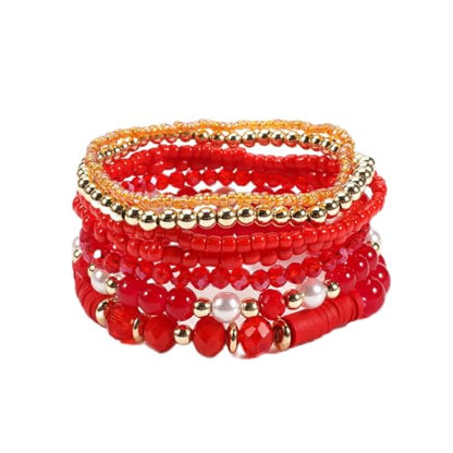 7Pcs Bohemia Multilayer Stackable Crystal Beaded Bracelet Set Multicolor Surfer Heishi Clay Gold Beaded Friendship Stretch Bracelets for Women Men Summer Beach Boho Vacation Jewelry Gifts - color: Z-Red