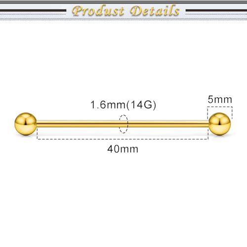 16G 14G Surgical Steel Tongue Rings Nipple Rings Industrial Piercing Jewelry Set Multi Size Straight Barbells 12mm 14mm 16mm 19mm 22mm 28mm 32mm 35mm 38mm 40mm 45mm for Women Men - color: goldtone, size: 14g,bar length 40mm