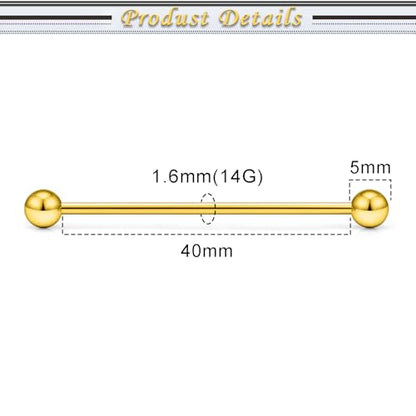 16G 14G Surgical Steel Tongue Rings Nipple Rings Industrial Piercing Jewelry Set Multi Size Straight Barbells 12mm 14mm 16mm 19mm 22mm 28mm 32mm 35mm 38mm 40mm 45mm for Women Men - color: goldtone, size: 14g,bar length 40mm