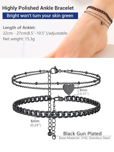 PROSTEEL Trendy Handcuffs Design/Customize Words Ankle Bracelet For Women, 316L Stainless Steel Anklets Silver/Gold/Black Tone, Hypoallergenic, Come with Box - style: 05.2 Layered-Cuban&Heart-Black