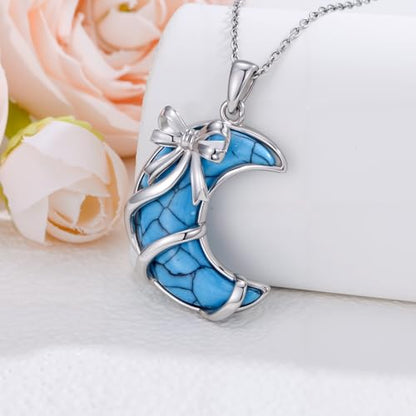 925 Sterling Silver Turquoise Moon Pendant Necklace for Women, Snake/Flower/Bow/Tree of Life/Star Moon Necklace, Dainty Jewelry for Daily Wear & Gifts - style: Style 3