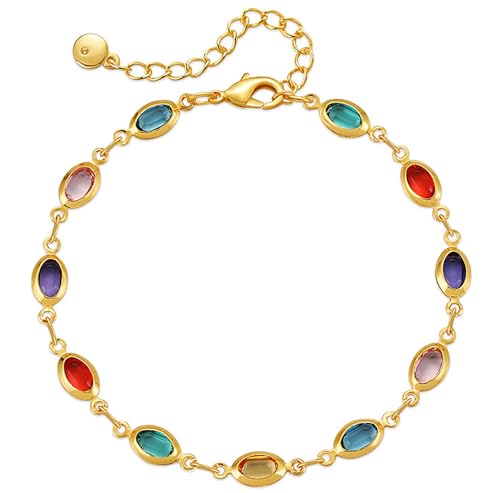 18K Gold Plated Anklet for Women Multicolor Crystal Ankle Bracelets Boho Adjustable Chain Anklets - color: Oval