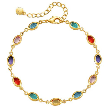 18K Gold Plated Anklet for Women Multicolor Crystal Ankle Bracelets Boho Adjustable Chain Anklets - color: Oval