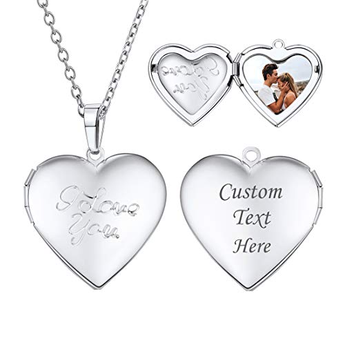 U7 Custom Photo Locket Necklace - Oval & Heart Shaped Locket - Gold/Silver/Rose Gold Personalized Image Necklaces for Women - color: 03-Platinum I Love You, style: c. locket+photo+text