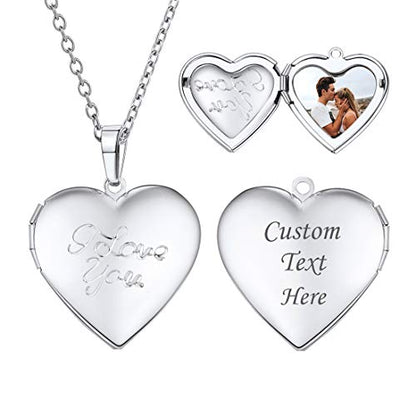 U7 Custom Photo Locket Necklace - Oval & Heart Shaped Locket - Gold/Silver/Rose Gold Personalized Image Necklaces for Women - color: 03-Platinum I Love You, style: c. locket+photo+text