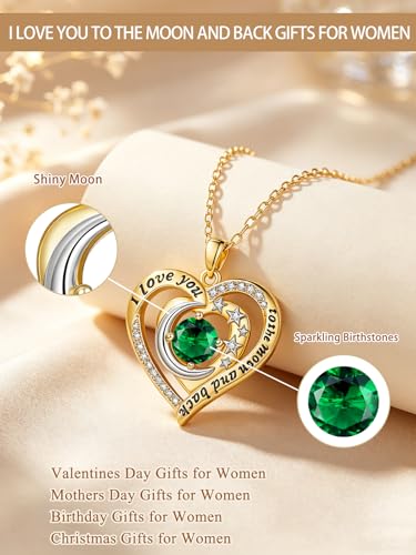 14K Gold I Love You to the Moon and Back Necklace for Women, Double Heart Birthstone Necklace, Moon Star Love Jewelry, Christmas Valentines Mothers Day Birthday Gifts for Wife Mom Girlfriend - color: 05-May Birthstone