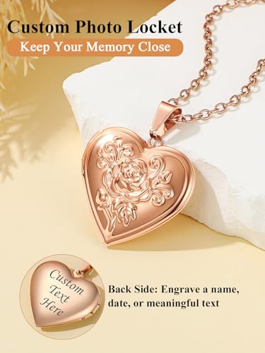 Custom4U Personalized Heart Locket Necklace with Pictures,Sunflower/Angel Wings/Heart Shaped Lockets Custom Photo,Gold/Rose Gold/White Lockets That Holds Picture,Customized Memorial Jewelry for Women - color: C-Heart-Rose Gold(Locket + Photo + Engraving)