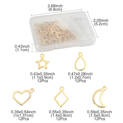 8-64Pcs Silver Goldern Color Heart Pendants Charms 10 Styles Heart Stainless Steel Metal Charms for Jewelry Making Crafting Necklaces Bracelets Earrings Keychains Birthday Gift - color: Golden 5 Shapes-60 pcs